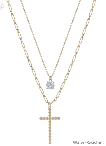 Cross Charm Layered Crystal Necklace