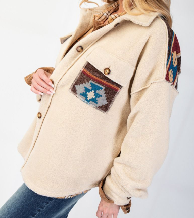 Fleece Mix Shacket w/Aztec Detail