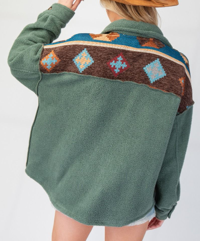 Fleece Mix Shacket w/Aztec Detail