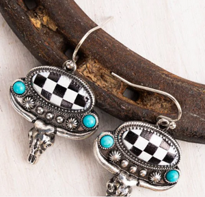 Black and White Checkerboard Turquoise Steer Silvertone Earrings