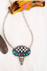 Black & White Checkerboard Turquoise Steer Silvertone Necklace