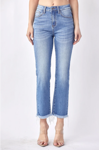 Risen Mid Rise Raw Hem Straight Denim