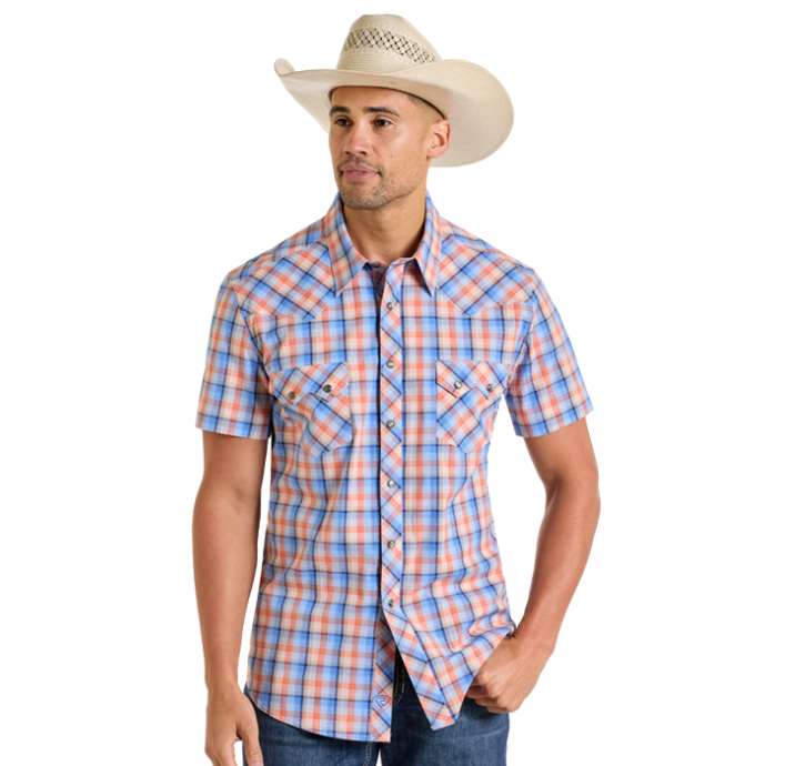 Men's R&R Dobby Plaid Short Sleeve Pearl Snap
