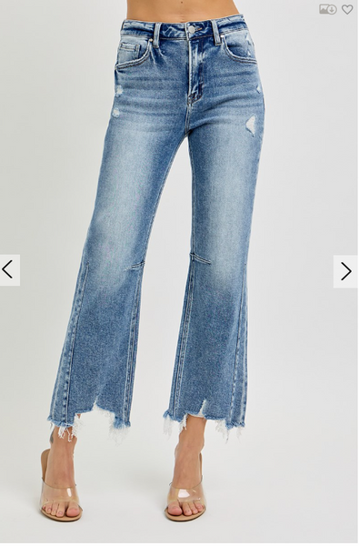 RISEN HIGH RISE CROP STRAIGHT DISTRESSED HEM JEANS