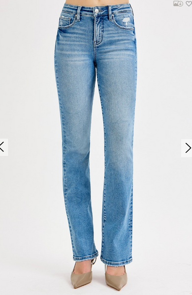Risen Tummy Control High Rise Med Wash Straight Jeans