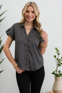 Black/White STRIPE SHORT SLEEVE BUTTON DOWN SHIRT