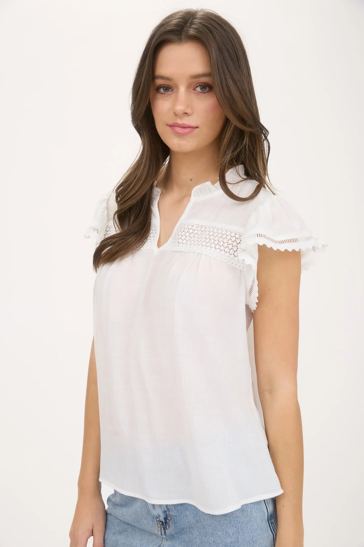 SPLIT NECK EYELET CROCHET TRIM RUFFLE DETAIL TOP