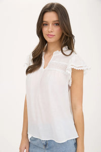 SPLIT NECK EYELET CROCHET TRIM RUFFLE DETAIL TOP