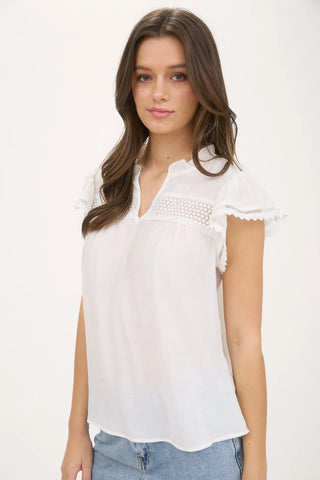 SPLIT NECK EYELET CROCHET TRIM RUFFLE DETAIL TOP