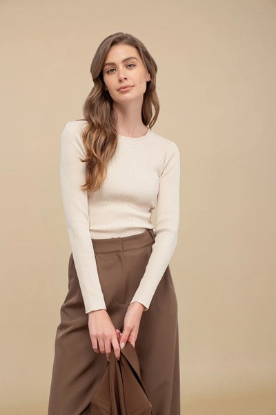 SOLID CREWNECK LONG SLEEVE RIBBED SWEATER