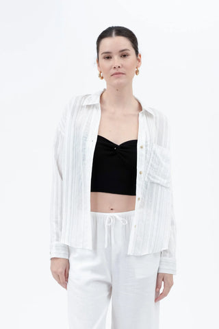 SHEER STRIPE BUTTON DOWN LONG SLEEVE TOP