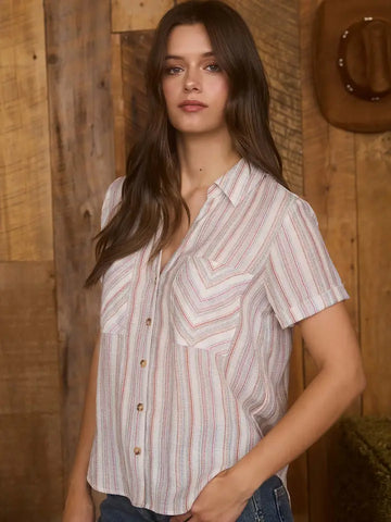 Short Sleeve Stripe Button Down Top