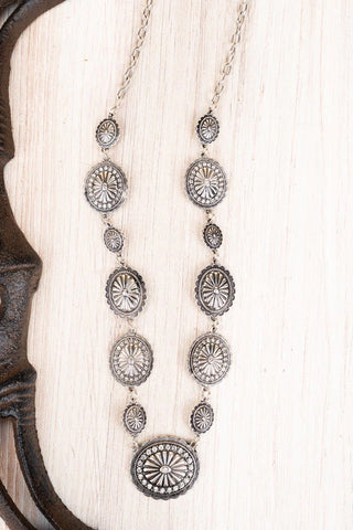 Crystal and Silvertone Littleton Concho Necklace