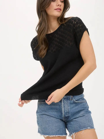 Eyelet Yoke Short Sleeve Sweater Top