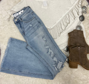 Risen High Rise Distressed Flare Denim