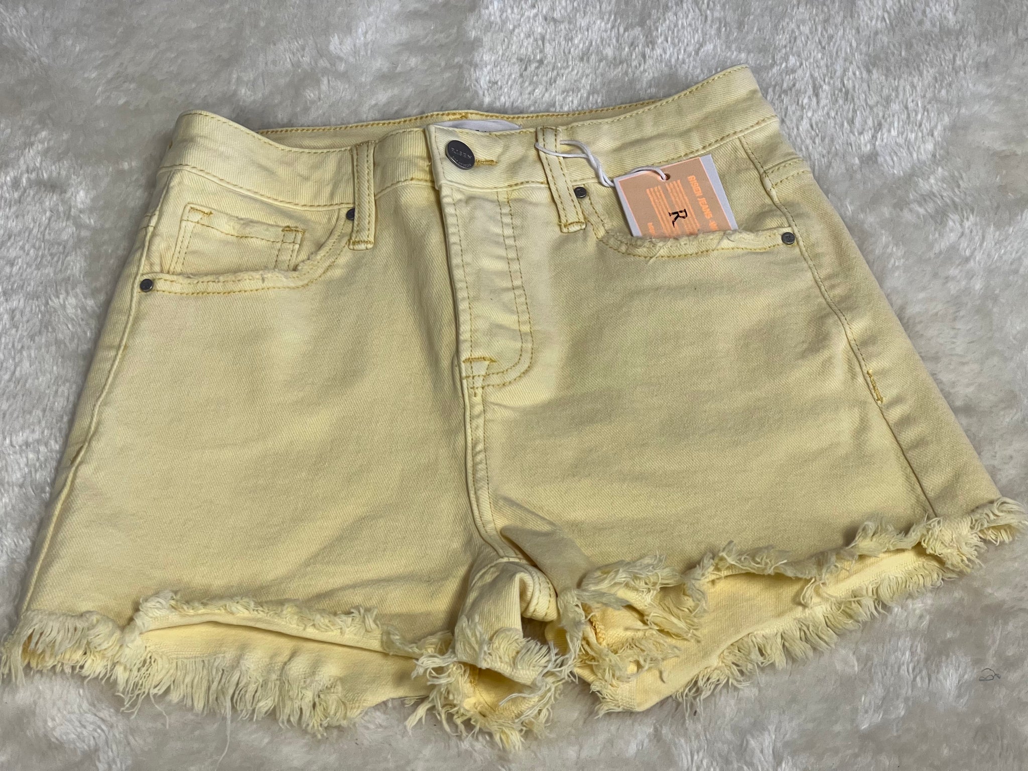 Yellow High Rise Fray Hem Denim Shorts