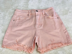 Soft Pink High Rise Distressed Denim Shorts