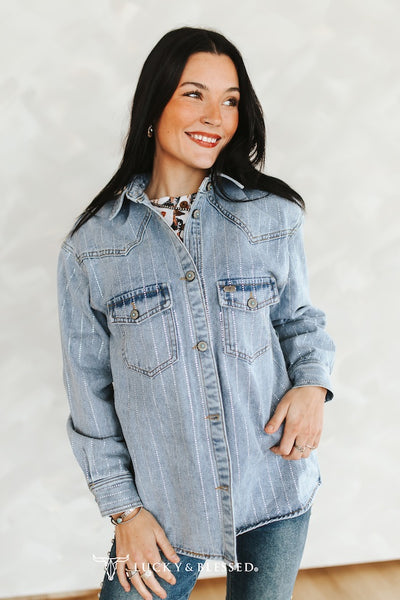 Medium Wash Stretch Denim Rhinestone/Concho Detail Shacket