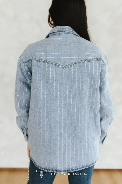 Medium Wash Stretch Denim Rhinestone/Concho Detail Shacket