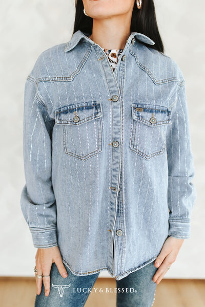 Medium Wash Stretch Denim Rhinestone/Concho Detail Shacket