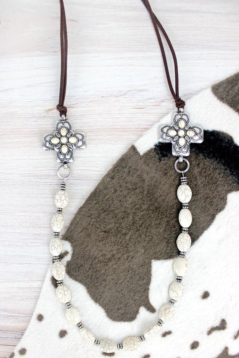 Beaded Pearl Cross Leather Necklace