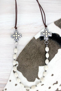 Beaded Pearl Cross Leather Necklace