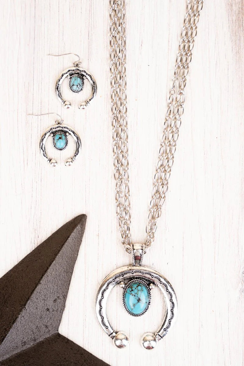 Turquoise Oakley Lane Silvertone Necklace and Earring Set