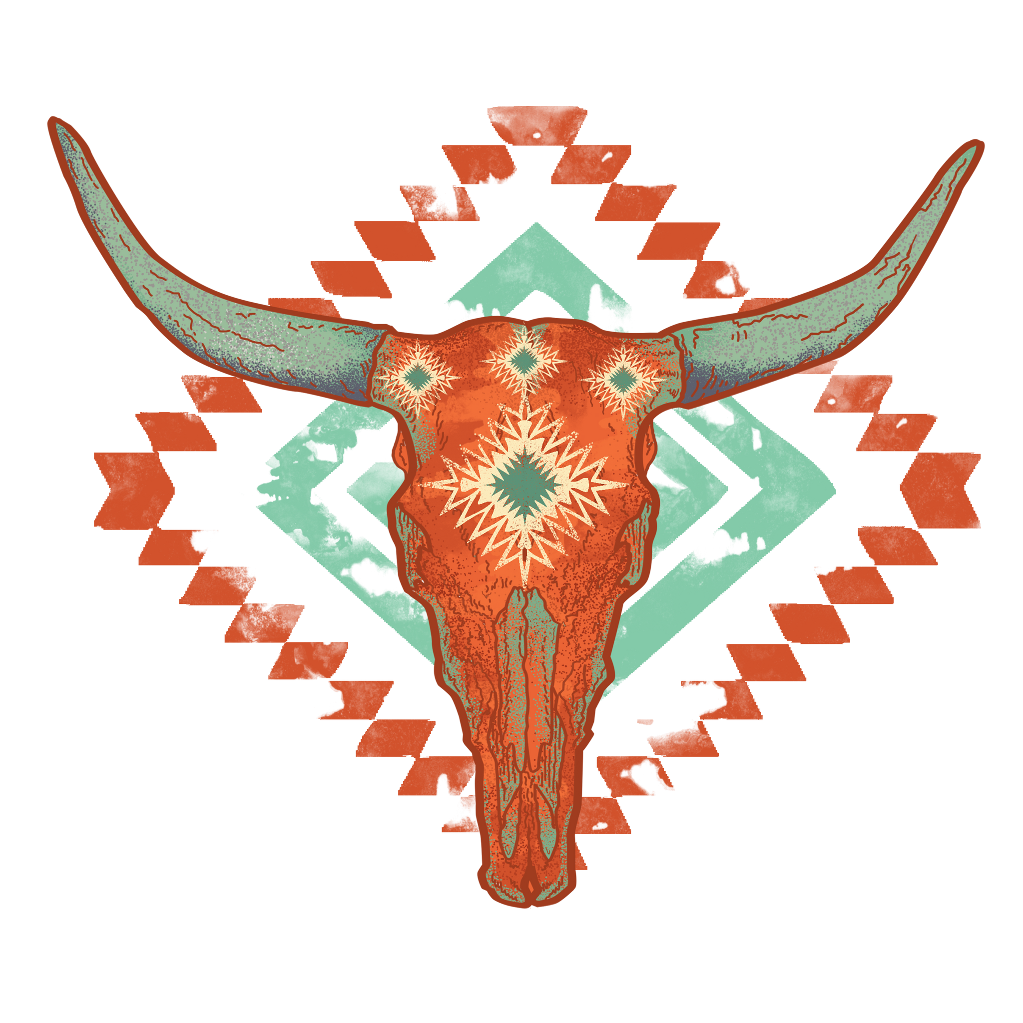 Orange Aztec Bull Skull Print