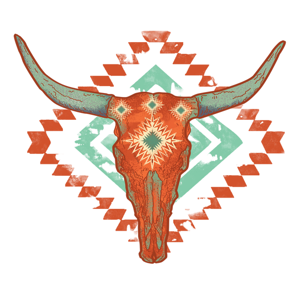 Orange Aztec Bull Skull Print