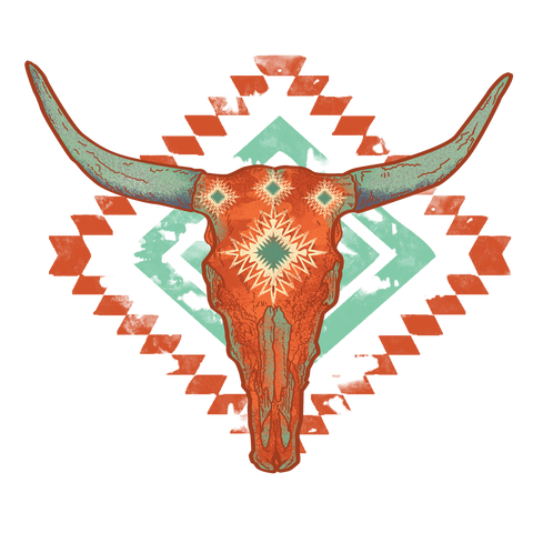 Orange Aztec Bull Skull Print