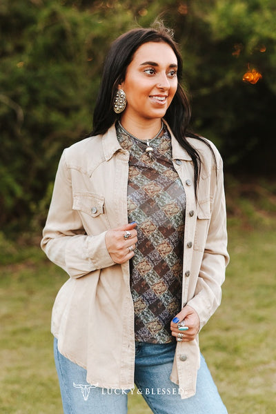 Beige Mineral Washed Concho Button Down