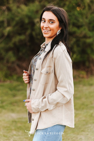 Beige Mineral Washed Concho Button Down