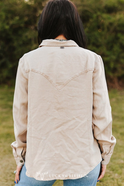Beige Mineral Washed Concho Button Down