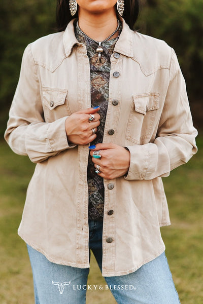 Beige Mineral Washed Concho Button Down