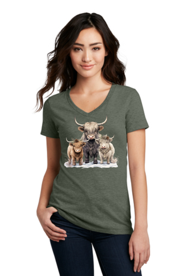 Winter Highlander Cows Ladies V-neck Tee