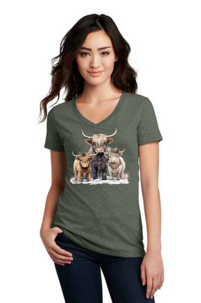 Winter Highlander Cows Ladies V-neck Tee