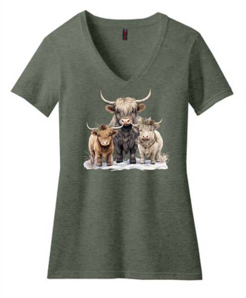 Winter Highlander Cows Ladies V-neck Tee