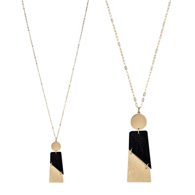 Wood and Gold Geometric Rectangle Necklace